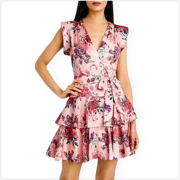 BCBGMaxazria Luna Ruffled Skirt Dress Floral Apricot Blush Pink V-Neck NWT  NEW 2 - joarbit.com